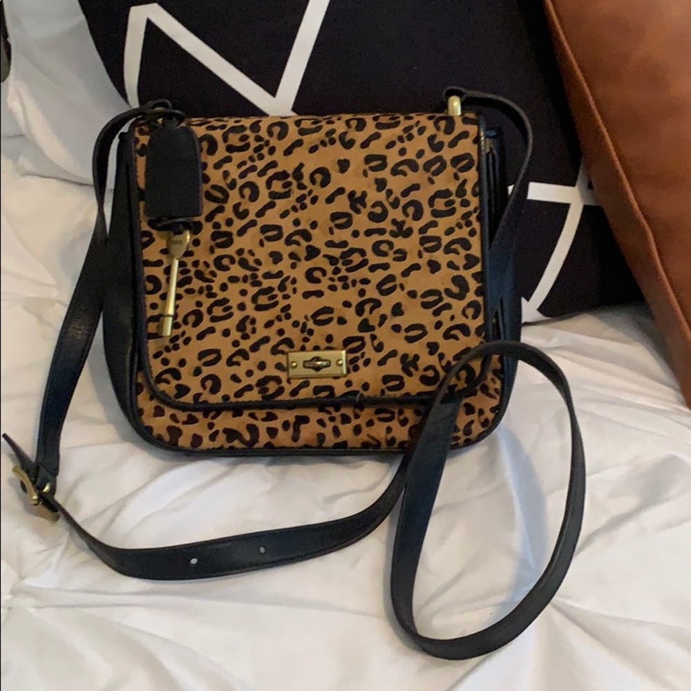 Fossil Leopard-Print Crossbody with Black Trim and Gold Hardware